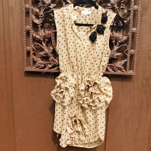 Trish Scully Child Sz 12 Tan & Black Polka Dot Ruffled Floral Applique Dress NEW